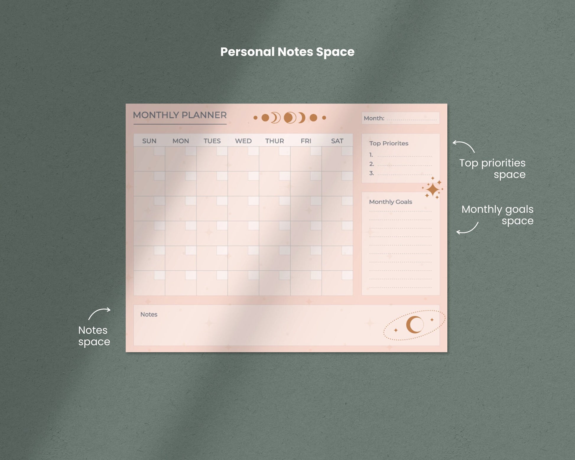 Chic Pink & Gold Moon Printable Undated Monthly Planner with Notes for Personal Organization - Letter Size PDF