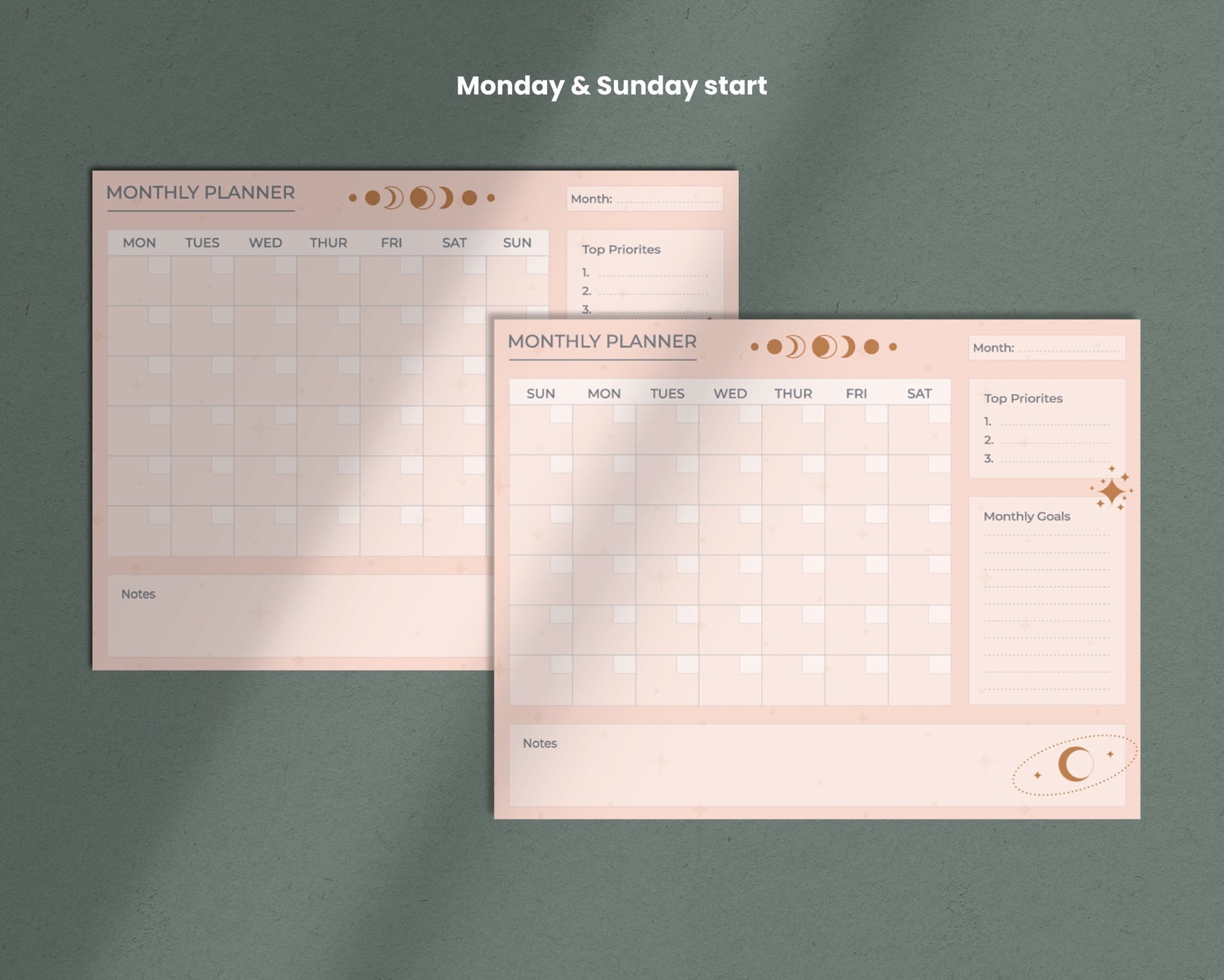 Chic Pink & Gold Moon Printable Undated Monthly Planner with Notes for Personal Organization - Letter Size PDF
